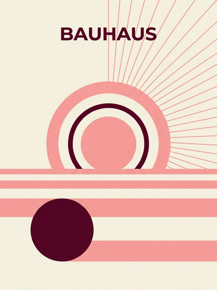 Bauhaus Geometric Print: Retro Circles & Lines in Pink and Burgundy - artwork on paper