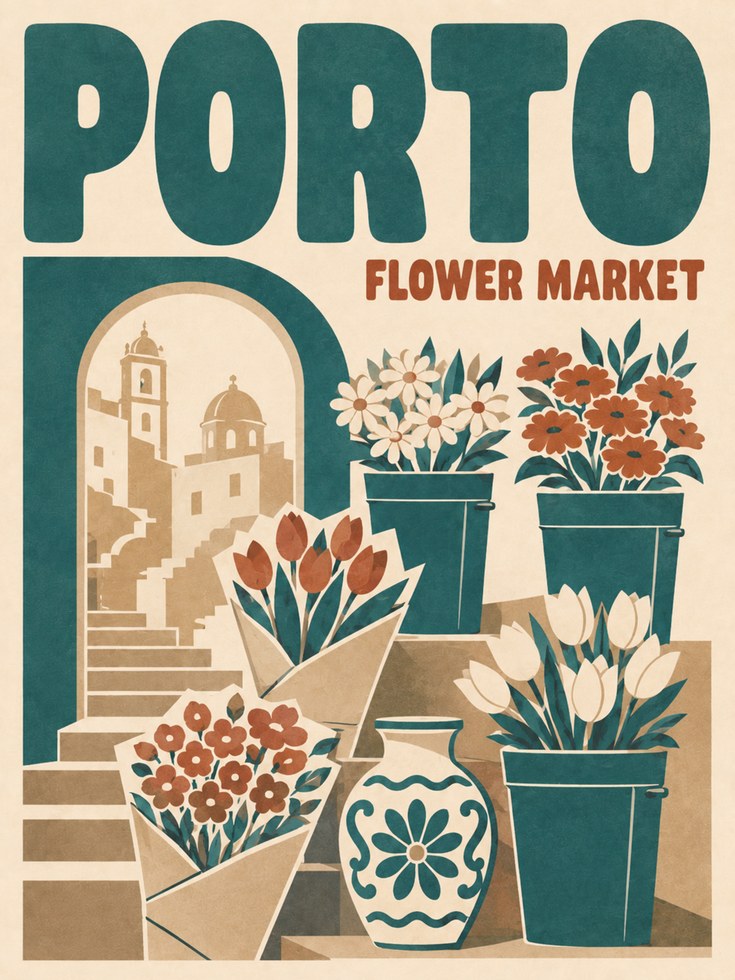 Flower Market Wall Art: Retro Porto Travel Poster - artwork on paper
