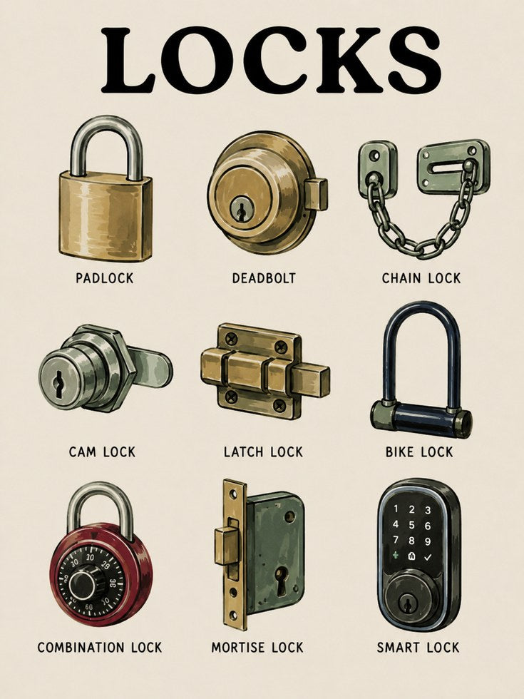 Types of Locks Poster – Educational Wall Art - artwork on paper