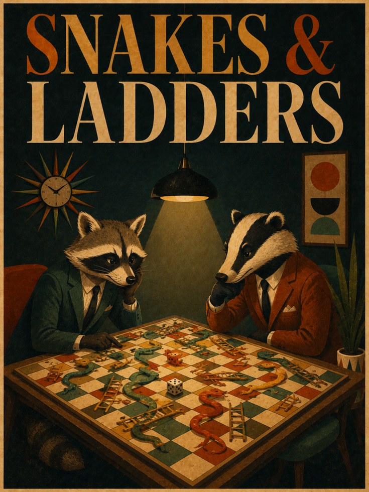 Snakes and Ladders Art Print: Whimsical Animals - artwork on paper