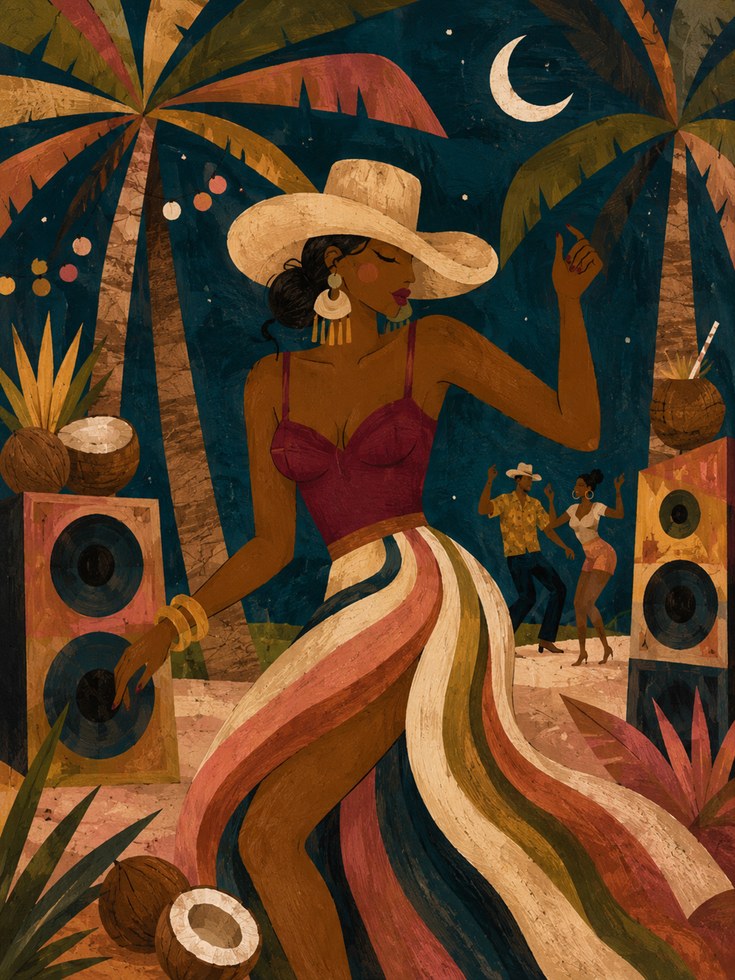 Tropical Beach Party Art Print: Retro Textured Caribbean Scene - artwork on paper
