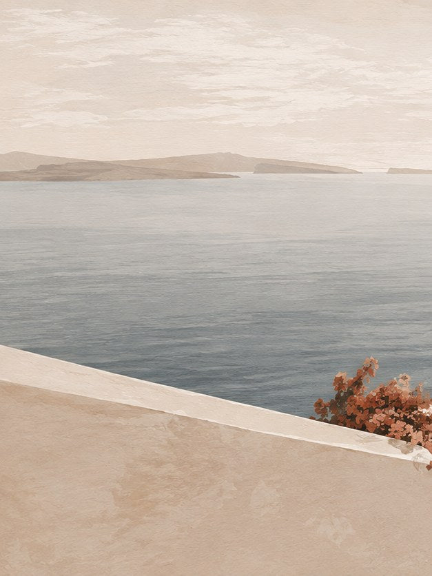 Mediterranean Coastal View Print: Minimalist Beige and Blue Seascape - artwork on paper