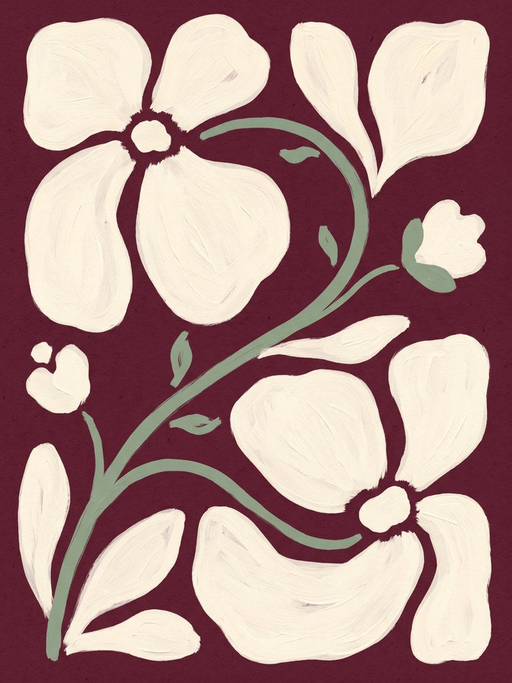 Burgundy Botanical Poster: Abstract Flowers and Leaves - artwork on paper