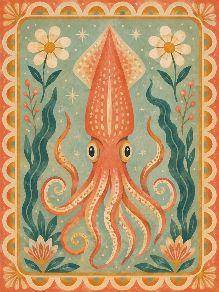 Folk Art Squid Print – Retro Ocean Wall Art - artwork on paper