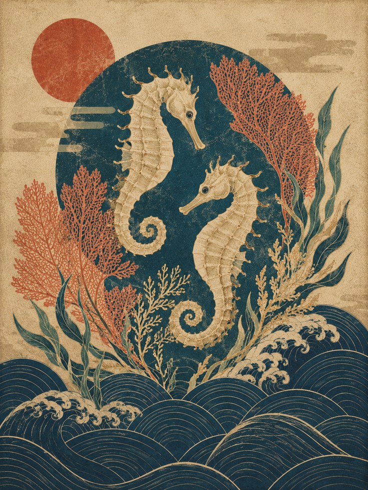 Japanese Seahorse Art Print: Vintage Ocean Illustration - artwork on paper