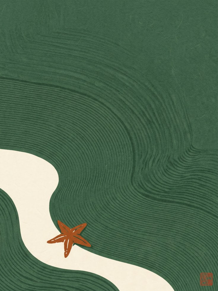 Coastal Ocean Wave Print: Mid-Century Modern Art (Starfish - artwork on paper