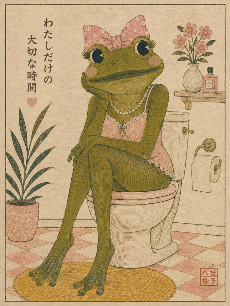 Frog in Bathroom Art Print: Japanese Vintage Woodblock Style - artwork on paper
