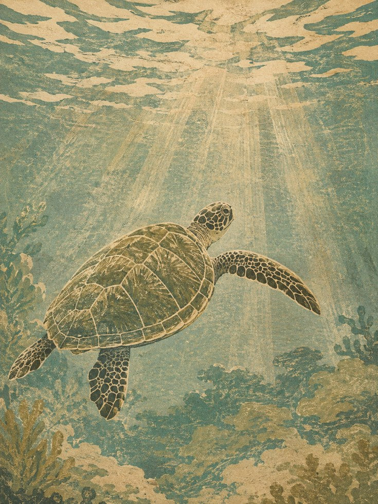 Sea Turtle Wall Art – Vintage Ocean Print - artwork on paper