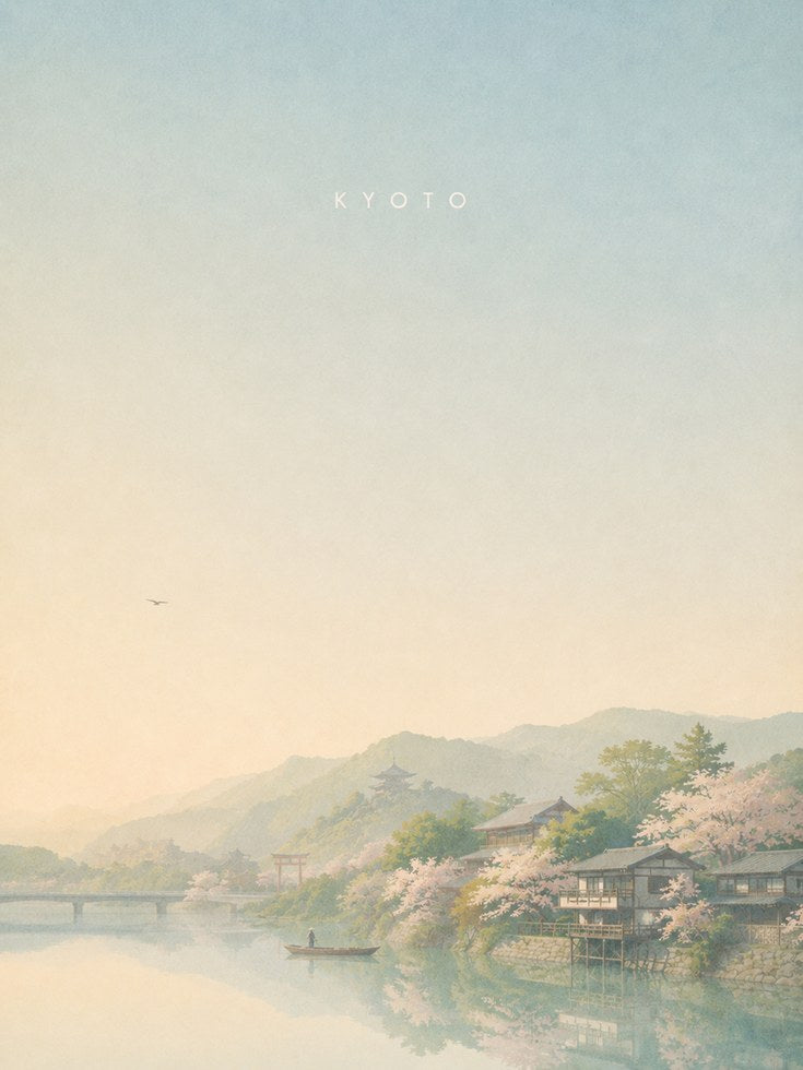 Kyoto Cherry Blossom Landscape Print: Minimalist Japanese Art - artwork on paper