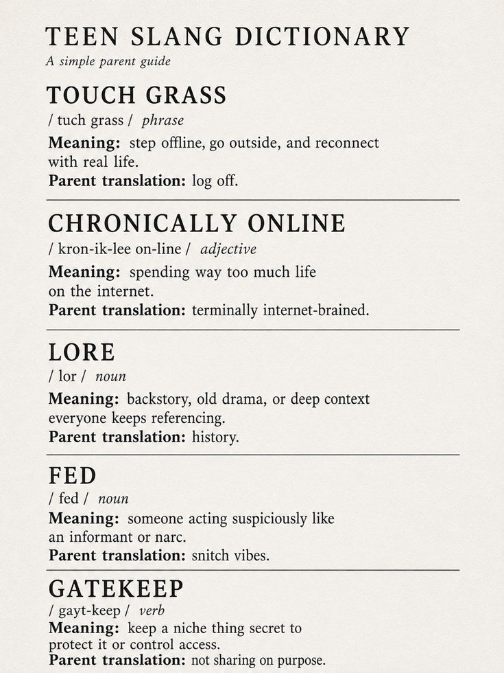 Teen Slang Dictionary Print: Minimalist Beige Typography Poster - artwork on paper