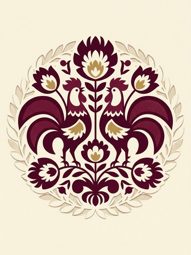 Folk Art Roosters Print: Burgundy Symmetrical Floral Design - artwork on paper
