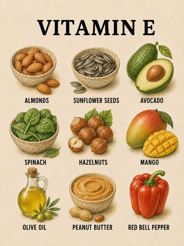 Vitamin E Foods Poster – Kitchen Wall Art - artwork on paper