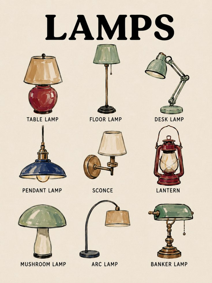 Lamp Types Poster – Vintage Lighting Chart Print - artwork on paper