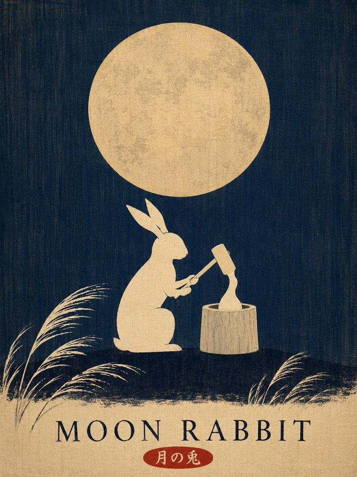 Moon Rabbit Poster: Japanese Folk Art Print with Mochi Making - artwork on paper