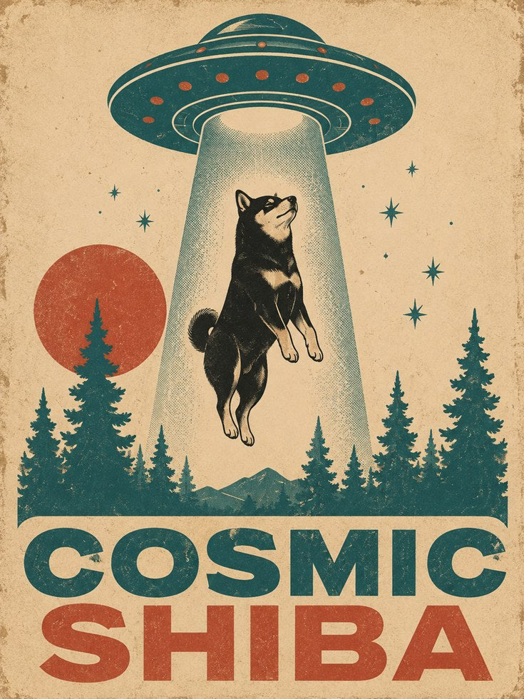 Shiba Inu Wall Art – Retro UFO Dog Poster - artwork on paper