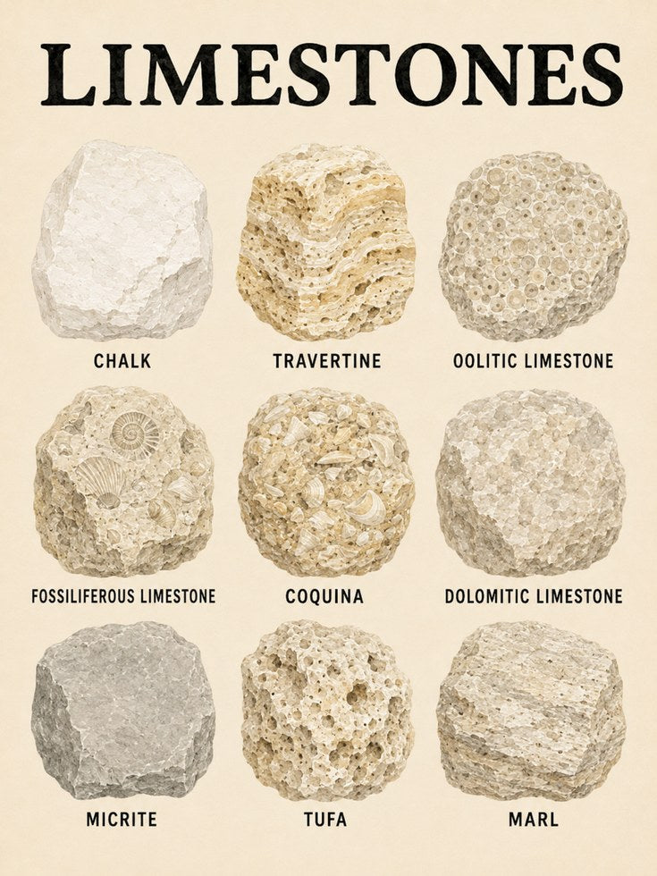 Limestone Educational Poster — Geology Chart of Rock Types - artwork on paper