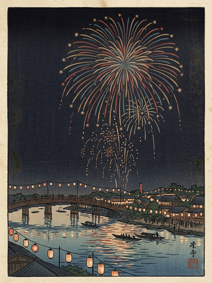Japanese Fireworks Over River Print: Edo Period Woodblock Art - artwork on paper