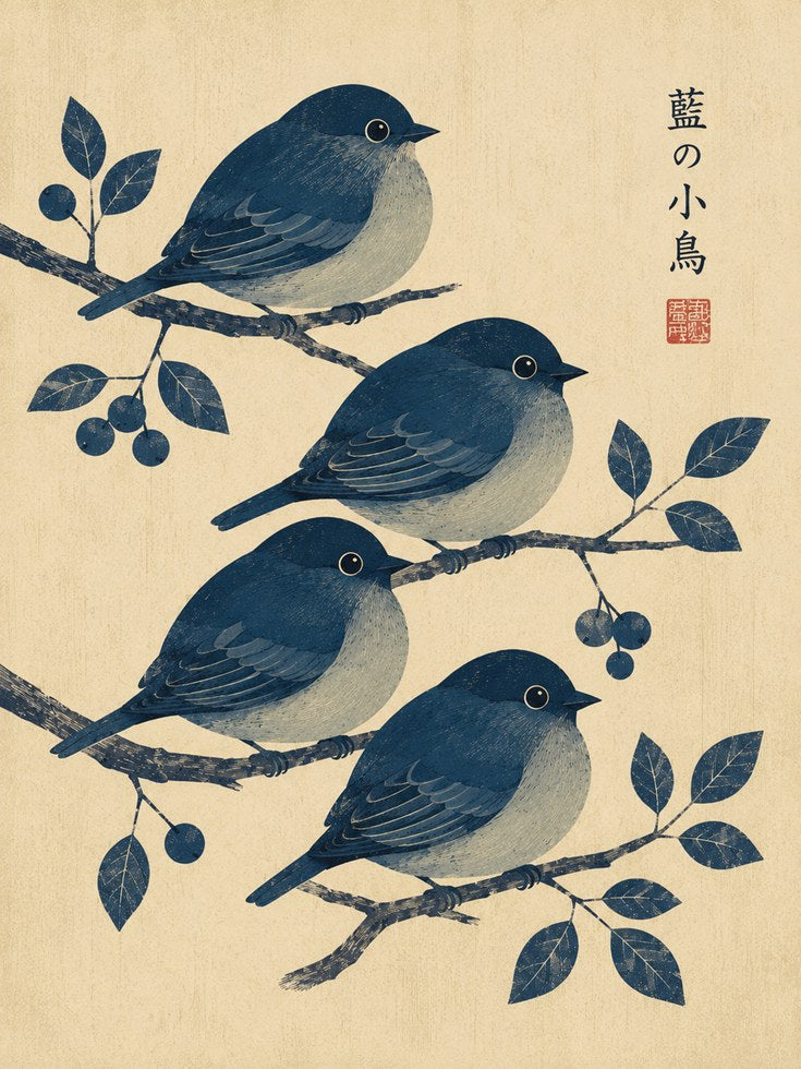 Japanese Blue Birds on Branch: Traditional Woodblock Style Print - artwork on paper