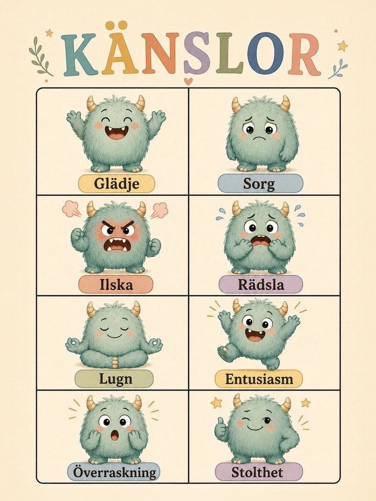 Swedish Emotions Chart Print: Whimsical Monster Feelings for Kids - artwork on paper