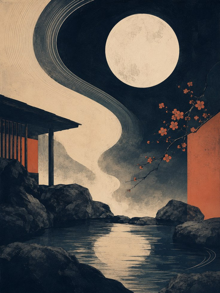 Japanese Wall Art – Moon and Cherry Blossom Print - artwork on paper