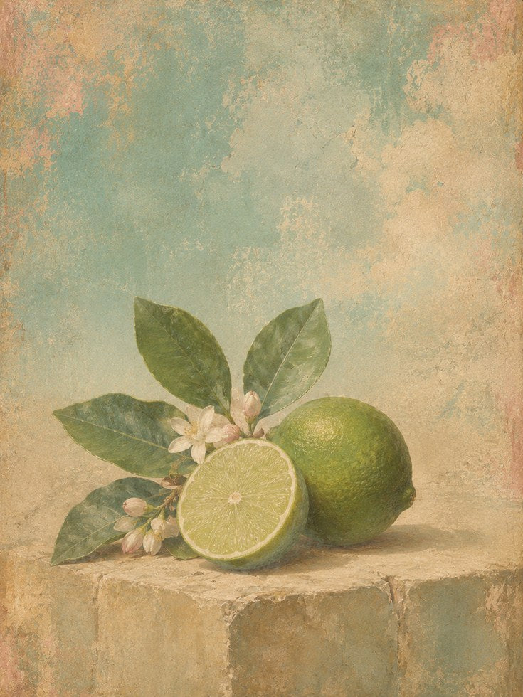 Vintage Lime Still Life Print: Botanical Art with Citrus Blossoms - artwork on paper