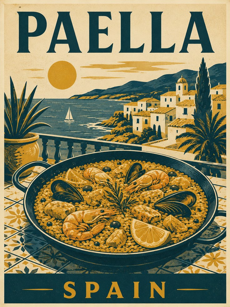 Paella Travel Poster: Vintage Spanish Coastal Kitchen Art - artwork on paper