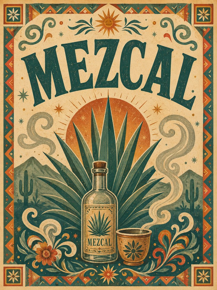Mezcal Wall Art Print: Retro Mexican Folk Design - artwork on paper