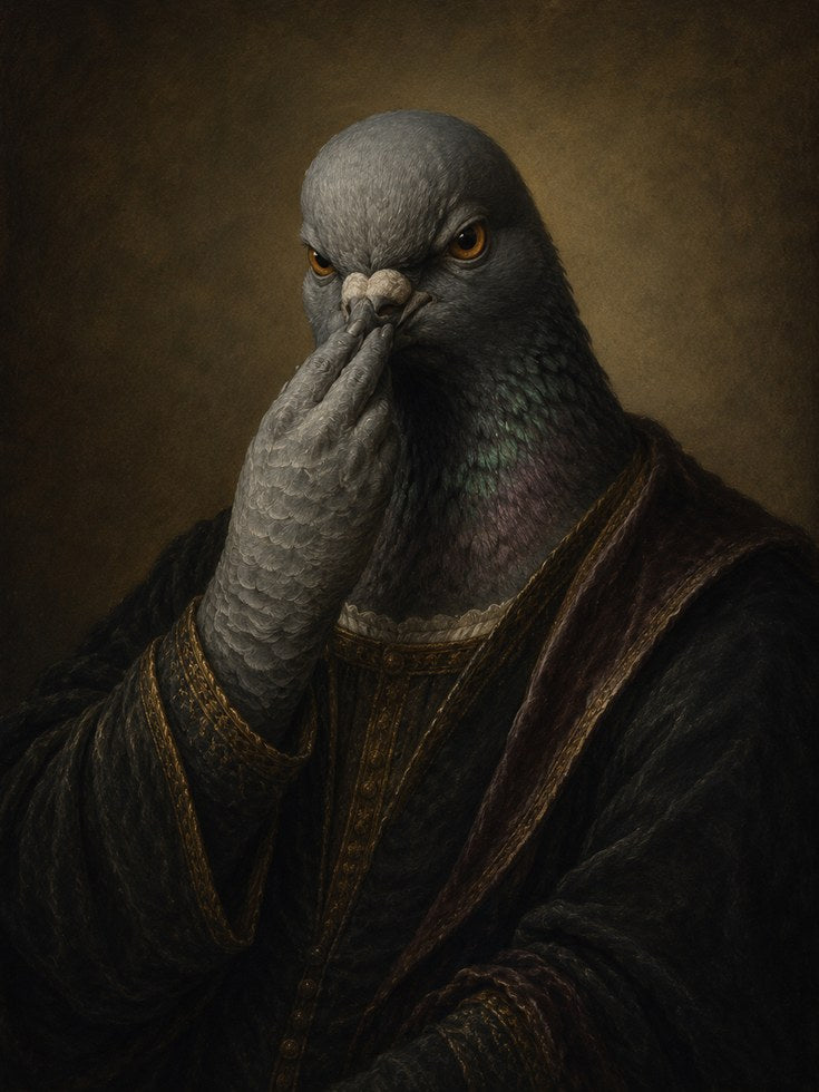 Funny Bathroom Poster Renaissance Pigeon Portrait Print - artwork on paper