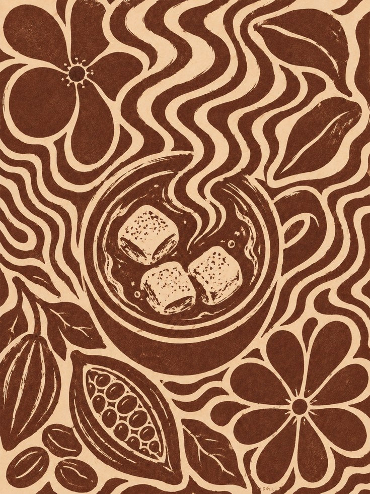 Chocolate Botanical Art Print: Art Nouveau Brown and Cream Design - artwork on paper