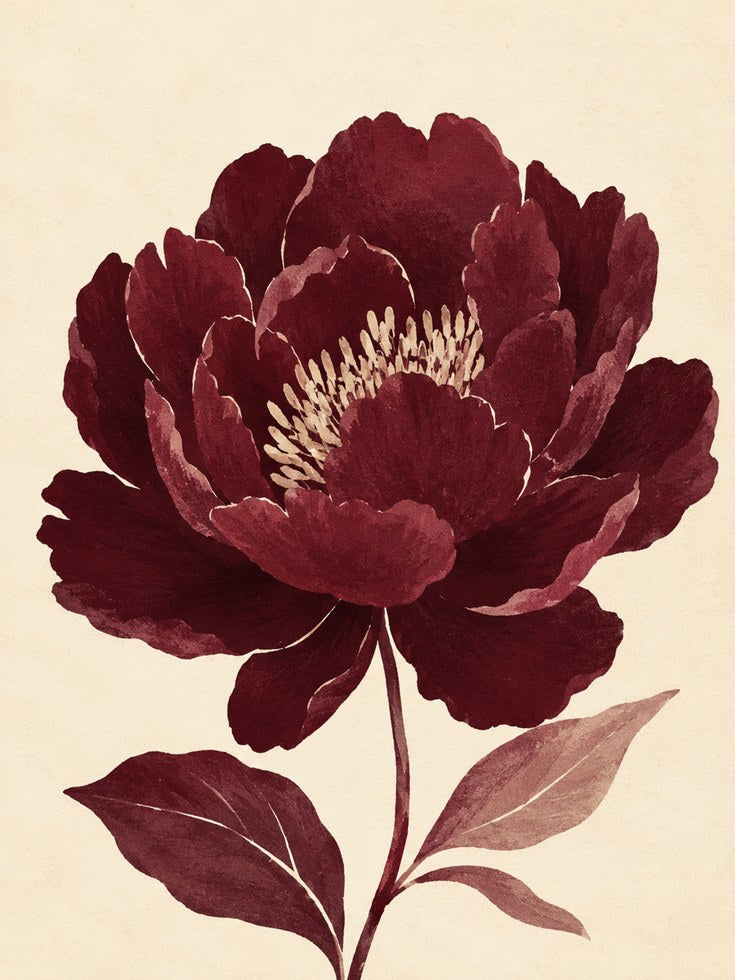 Burgundy Peony Wall Art – Vintage Botanical Print - artwork on paper
