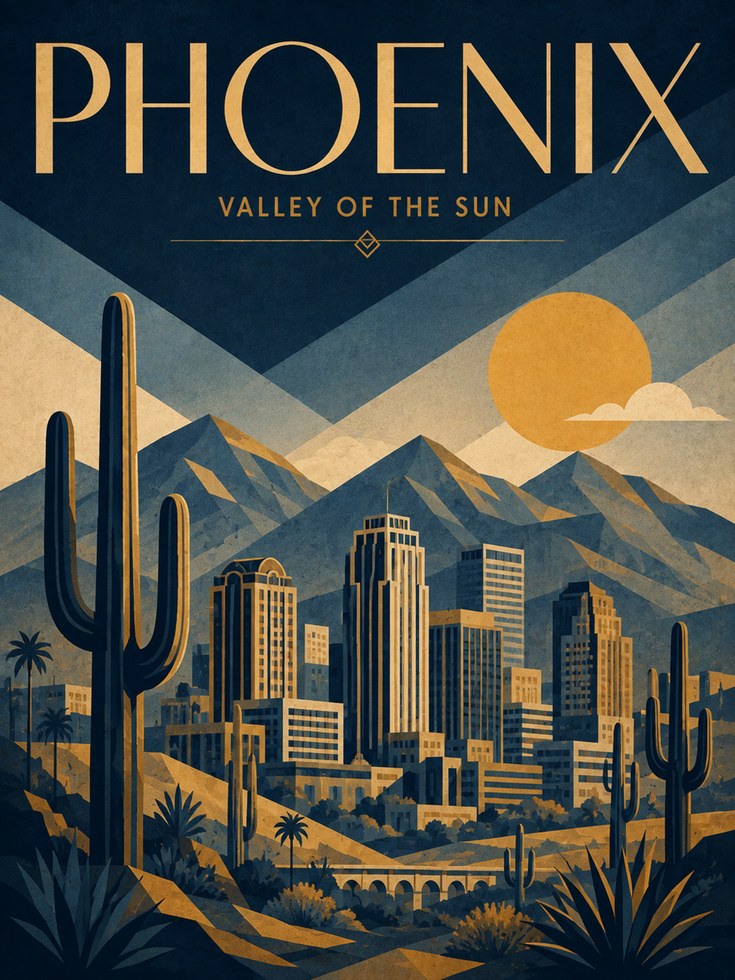 Phoenix Travel Poster: Art Deco Desert Cityscape Wall Art - artwork on paper