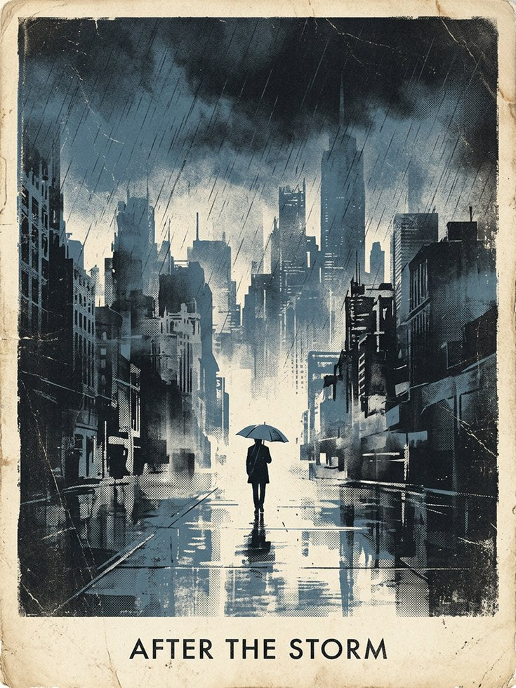 Rainy City Street Art Print: Blue Urban Watercolor Silhouette - artwork on paper