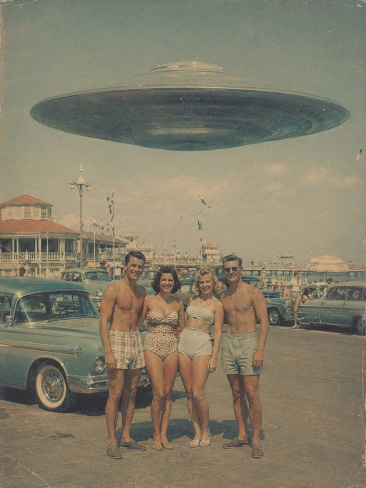 Retro UFO Beach Photograph — Vintage 1950s Sci-Fi Kitsch - artwork on paper