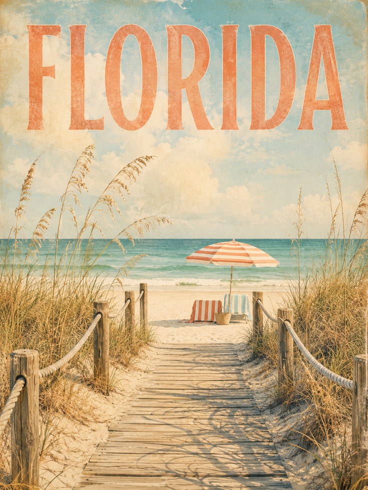 Florida Beach Wall Art: Vintage Coastal Travel Poster Print - artwork on paper