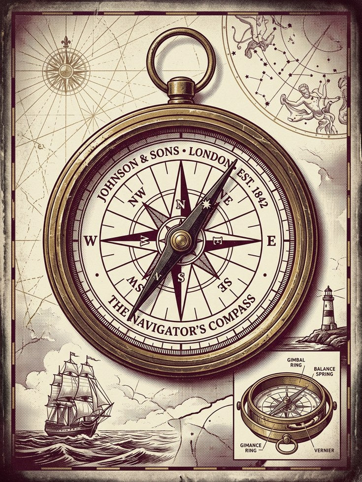 Vintage Nautical Compass Art Print: Victorian Navigation Design - artwork on paper