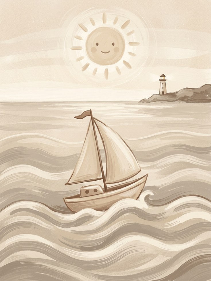 Sailboat and Lighthouse Art Print: Whimsical Coastal Nursery Design - artwork on paper