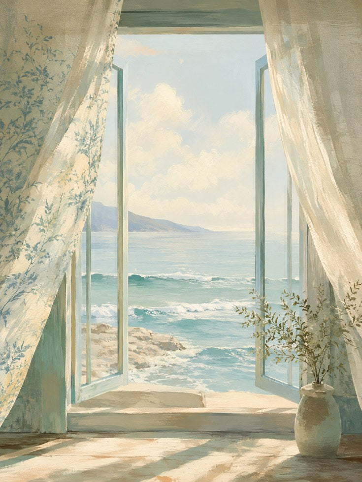 Coastal Window View Print – Ocean Beach Wall Art - artwork on paper