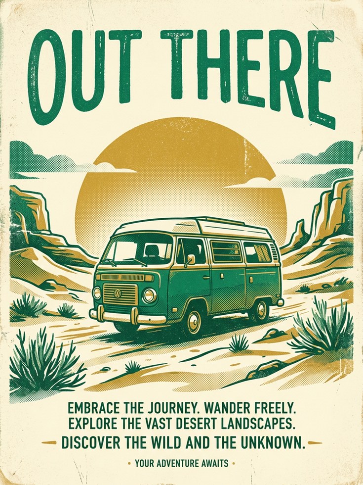 Retro Van Desert Adventure Print — Vintage Travel Poster - artwork on paper