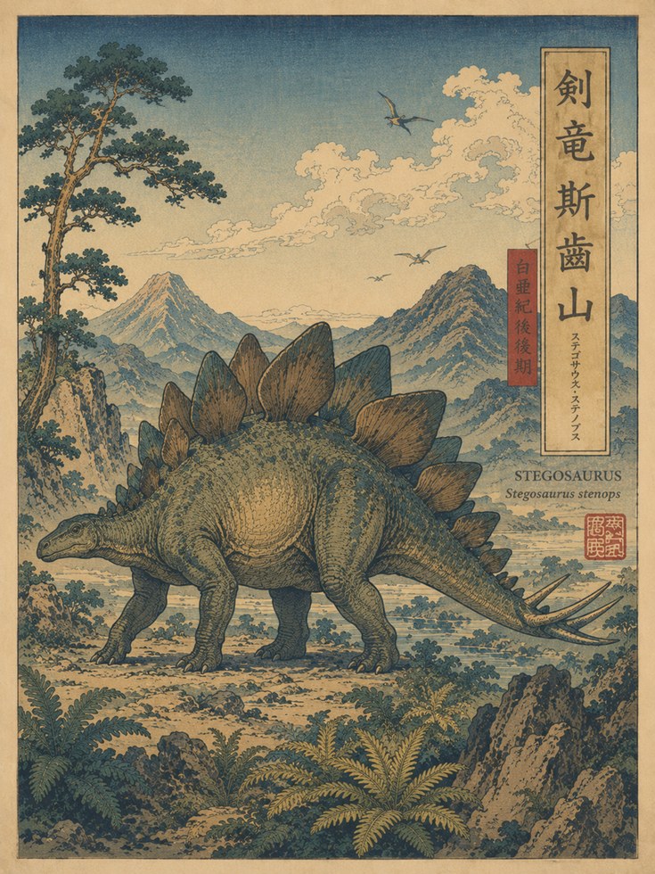 Stegosaurus Dinosaur Print: Vintage Japanese Woodblock Art - artwork on paper