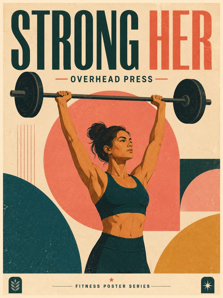 Strong Her Overhead Press: Retro Fitness Poster Art Print - artwork on paper