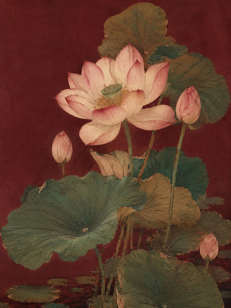 Lotus Flower Botanical Print — Vintage Asian Style - artwork on paper