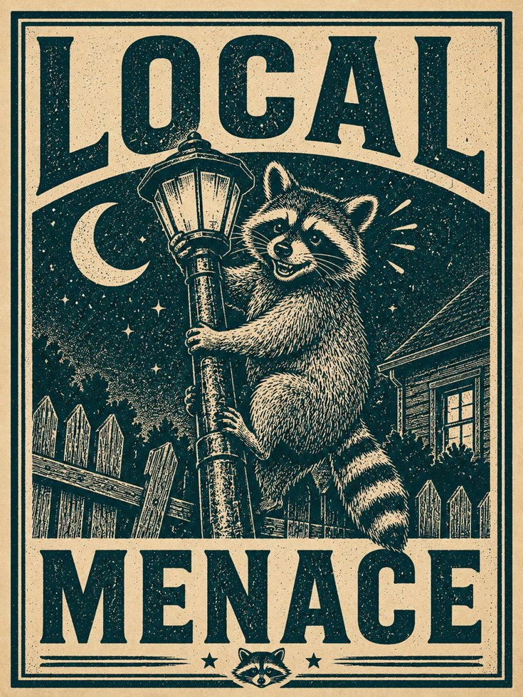 Local Menace Raccoon Poster: Vintage Linocut Style Wall Art - artwork on paper