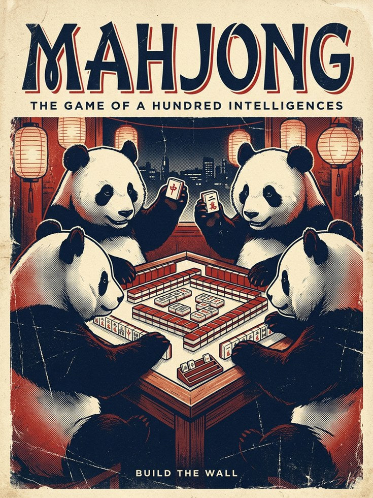 Mahjong Pandas Art Print: Vintage Chinese Game Poster - artwork on paper