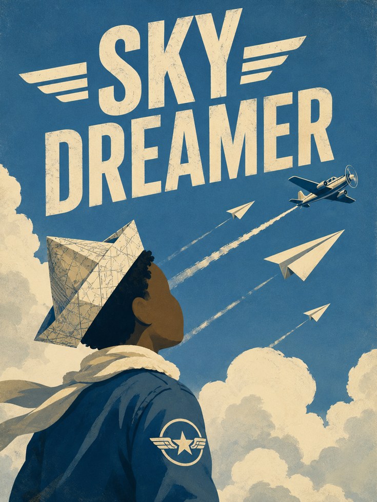 Sky Dreamer Aviation Poster: Retro Art Deco Blue Flight Design - artwork on paper