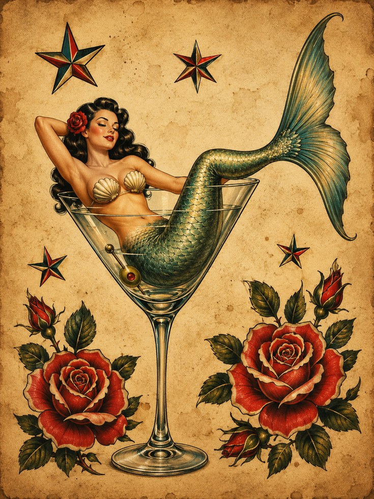 Vintage Mermaid Martini Print: Retro Tattoo Style Pin-Up Art - artwork on paper