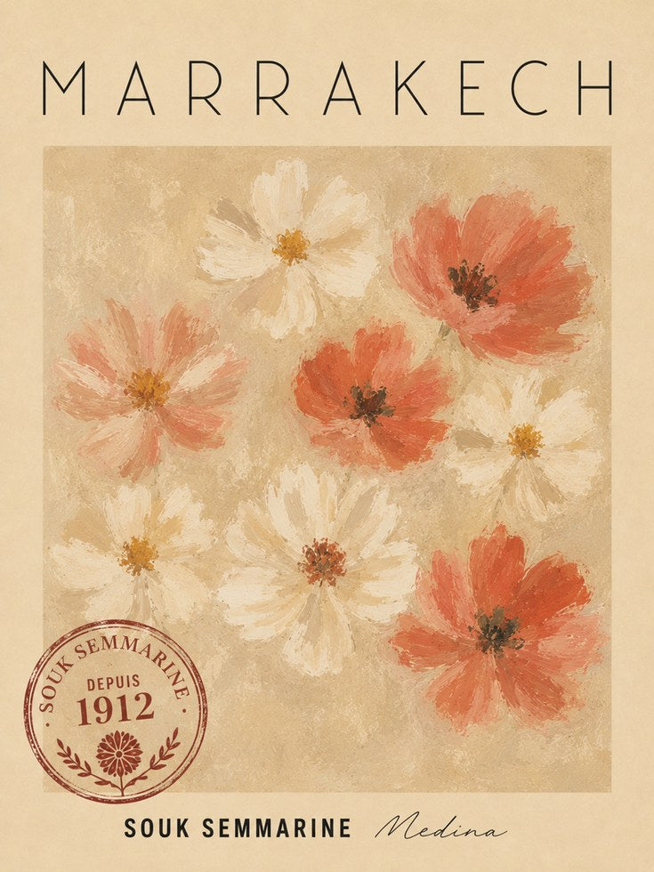 Marrakech Travel Poster – Vintage Floral Print - artwork on paper
