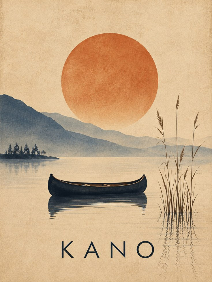 Kano Lake Canoe Poster: Minimalist Sunset Landscape Art - artwork on paper