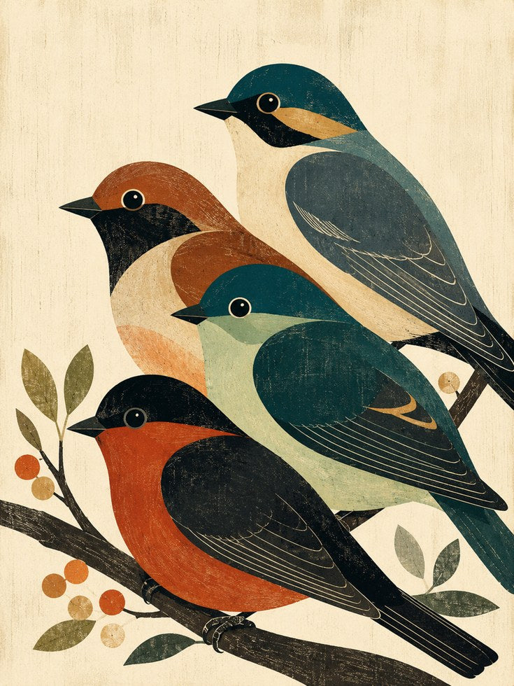 Vintage Birds on Branch Print: Mid-Century Folk Art Design - artwork on paper