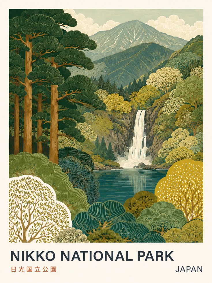 Nikko National Park Poster: Japanese Woodblock Landscape Art - artwork on paper