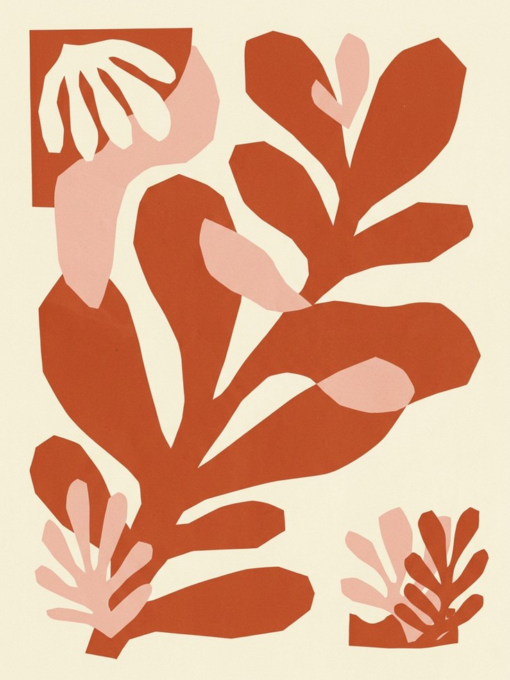 Abstract Botanical Cutout Art Print: Terracotta and Pink Shapes - artwork on paper